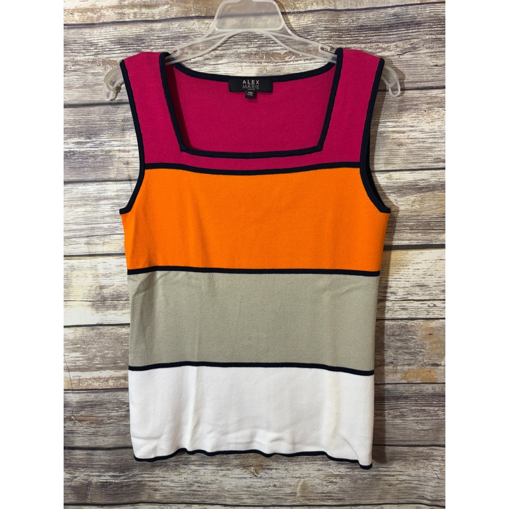 Alex Marie Petite Medium Colorblock Knit Shell Top Square Neck Pink Orange